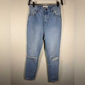 Rollas Duster Old Stone Rip High Rise Slim Womens 25 Light Wash Distressed Jeans